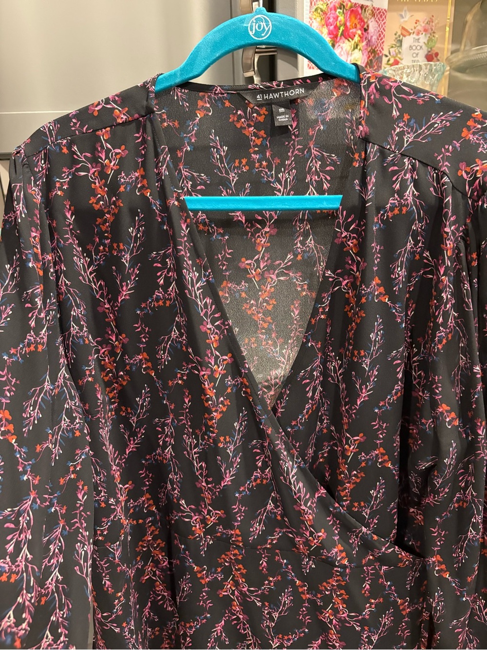 Floral Faux Wrap-Style Blouse in Black with Pink & Coral Sprigs - Picture 3 of 3